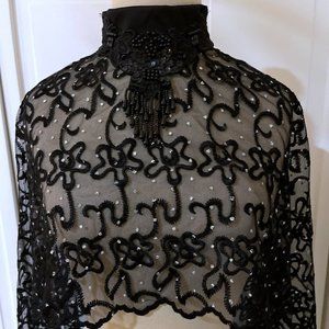 Victorian Vintage High Neck Capelet Black Womens M / L Sheer Beaded Fringed Cape